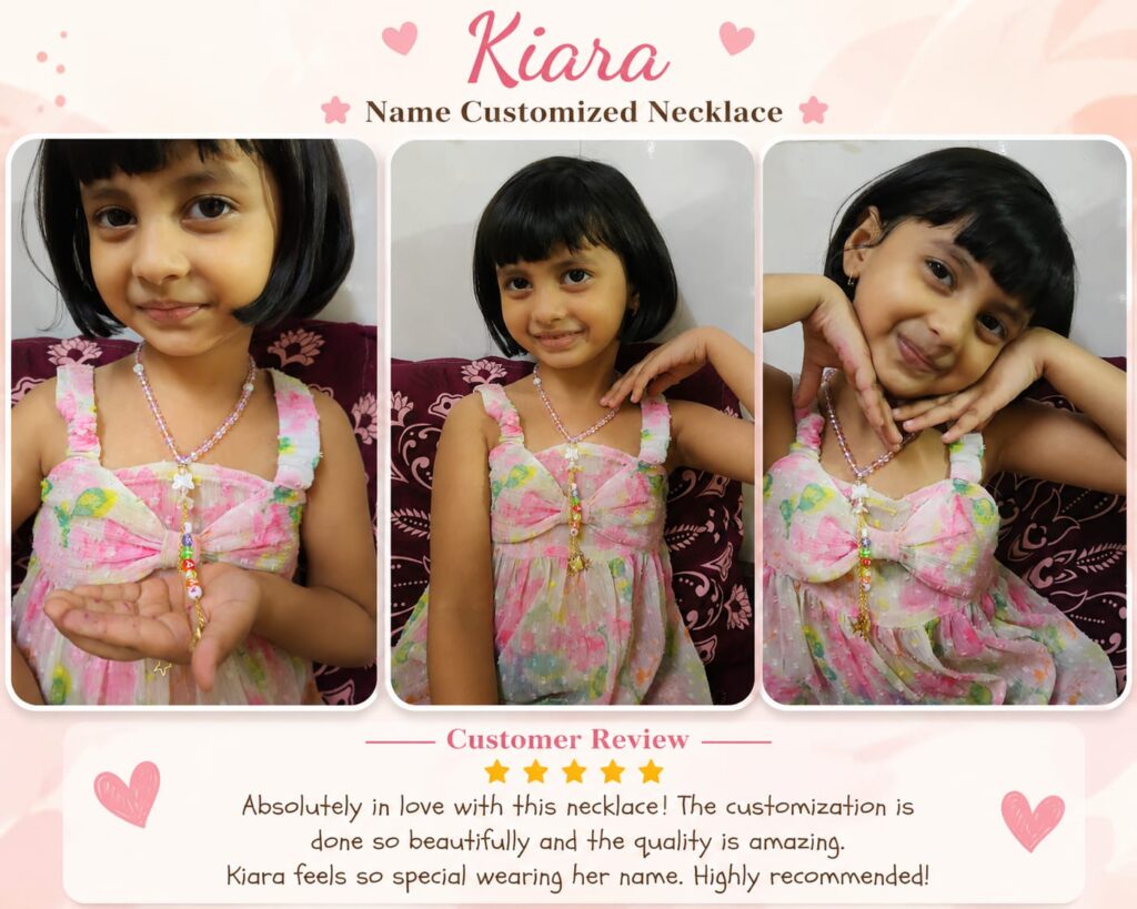 Little girl wearing a colorful custom name necklace with letter beads spelling "Kiara", pastel seed beads, flower charm, and gold star pendant