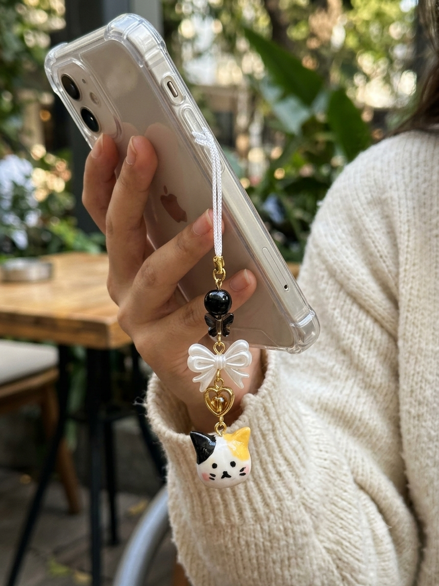 A close-up outdoor photo of a person’s hand wearing a cozy cream knitted sweater, holding a smartphone in a clear case with a handcrafted clay calico cat phone charm (image_11.png) attached to the side. The phone charm, dangling gracefully, features its signature white cord, a glossy black bead, a small faceted butterfly bead, a shimmering pearl-white bow, an open golden heart-shaped charm, and the hand-painted calico clay cat with black and yellow-orange patches at the bottom. The background is a soft, natural outdoor cafe setting with blurred greenery and wooden tables.